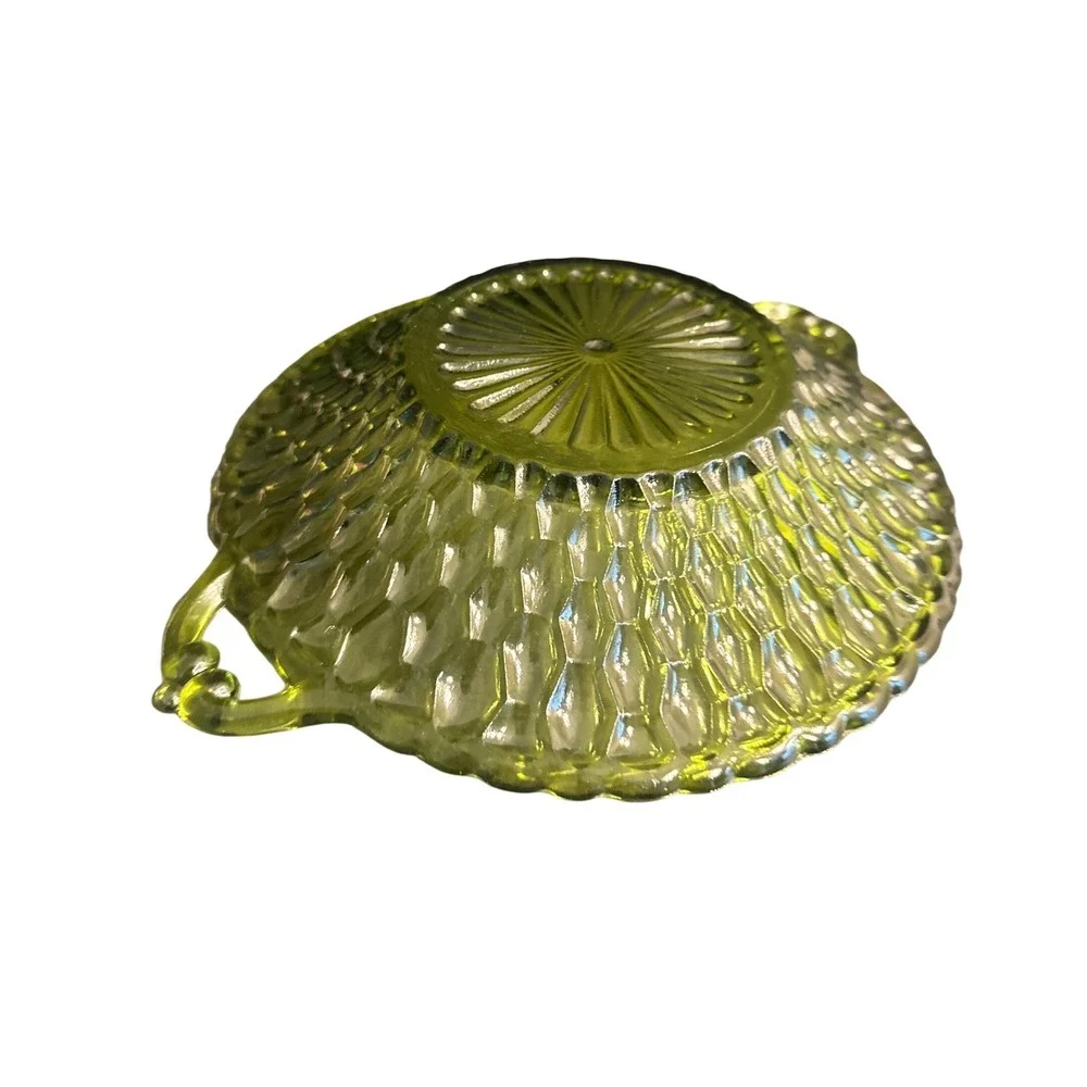Indiana Glass Honeycomb‎ Double Handle Bowl Set 2 Avocado Green 1960s MCM Dish